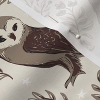 Winter Monochrome Damask Moody forest - Barn owls - small scale - east fork - WARM NEUTRALS