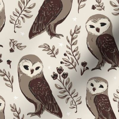 Winter Monochrome Damask Moody forest - Barn owls - small scale - east fork - WARM NEUTRALS