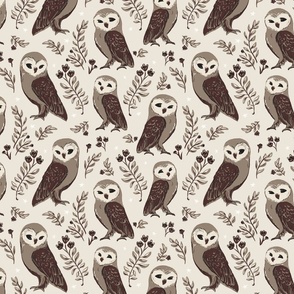 Winter Monochrome Damask Moody forest - Barn owls - small scale - east fork - WARM NEUTRALS