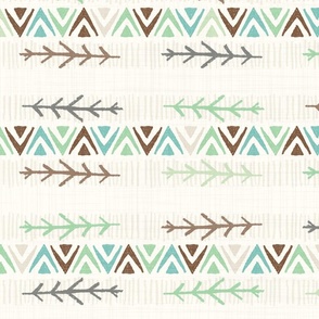 East West Winter Forest Teal and Green on Beige - XL
