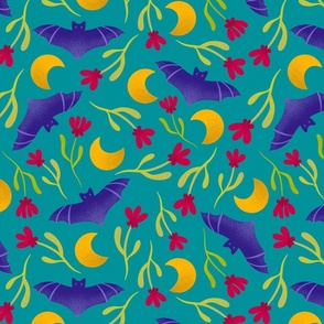 Bat and flowers in moonlight - turquoise
