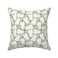 Cute fat easter bunnies with carrots - Springtime kawaii animals bunny garden design white orange on vintage green sage