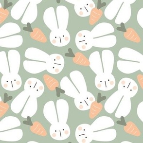 Cute fat easter bunnies with carrots - Springtime kawaii animals bunny garden design white orange on vintage green sage