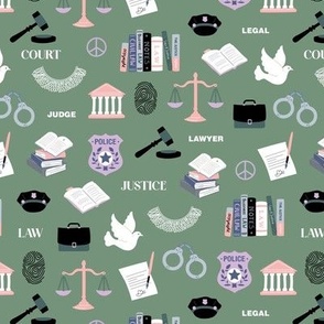 Law and order - icons and illustrations for court police and lawyers profession theme lilac pink gray on olive green 