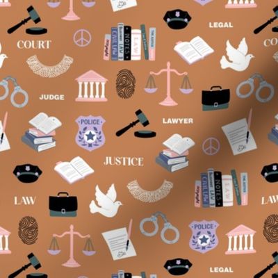 Law and order - icons and illustrations for crime court police and lawyers profession theme lilac blue gray on caramel spice burnt orange 