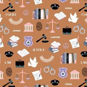 Law and order - icons and illustrations for crime court police and lawyers profession theme lilac blue gray on caramel spice burnt orange 