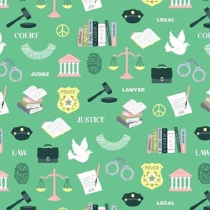Law and order - icons and illustrations for crime court police and lawyers profession theme yellow pink gray on jade green 
