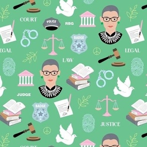 Law and order - Ruth Bader Ginsburg icons and illustrations for court police and lawyers profession theme pink blue yellow on jade green  