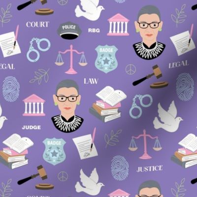 Law and order - Ruth Bader Ginsburg icons and illustrations for court police and lawyers profession theme blue pink on purple violet   