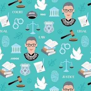 Law and order - Ruth Bader Ginsburg icons and illustrations for court police and lawyers profession theme blue gray caramel beige on turquoise blue  