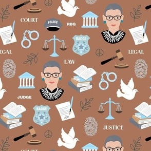 Law and order - Ruth Bader Ginsburg icons and illustrations for court police and lawyers profession theme blue gray teal on brown burnt orange  