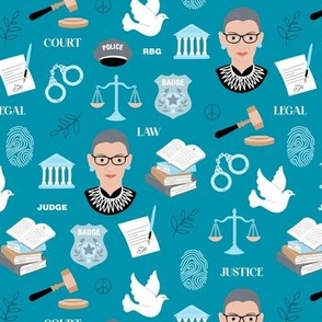 Law and order - Ruth Bader Ginsburg icons and illustrations for court police and lawyers profession theme blue beige on aqua  