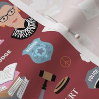 Law and order - Ruth Bader Ginsburg icons and illustrations for court police and lawyers profession theme blue orange pink on ruby red burgundy  