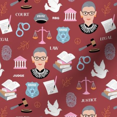 Law and order - Ruth Bader Ginsburg icons and illustrations for court police and lawyers profession theme blue orange pink on ruby red burgundy  