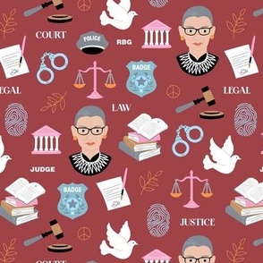Law and order - Ruth Bader Ginsburg icons and illustrations for court police and lawyers profession theme blue orange pink on ruby red burgundy 