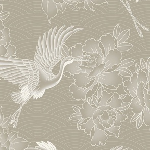 Large // Japanese cranes, peonies and clouds on beige