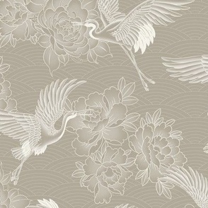 small // Japanese cranes, peonies and clouds on beige