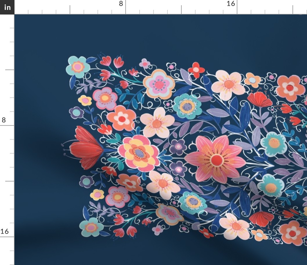 Colorful Wildflower Blossoms - on navy blue