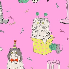 Large - pink cat party - grumpy persian cats celebrating birthday - presents drinks balloons gifts mice birthday hats