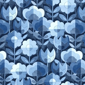 Mid Century Flowers - blue and white monochrome 
