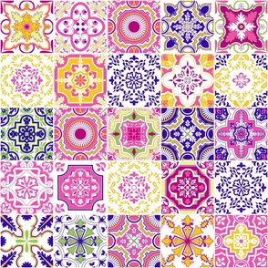 Pink and Blue Talavera Tiles Home Decor Fabric