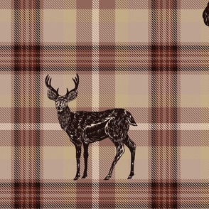Cabincore Rose Brown Plaid with Deer Large Scale