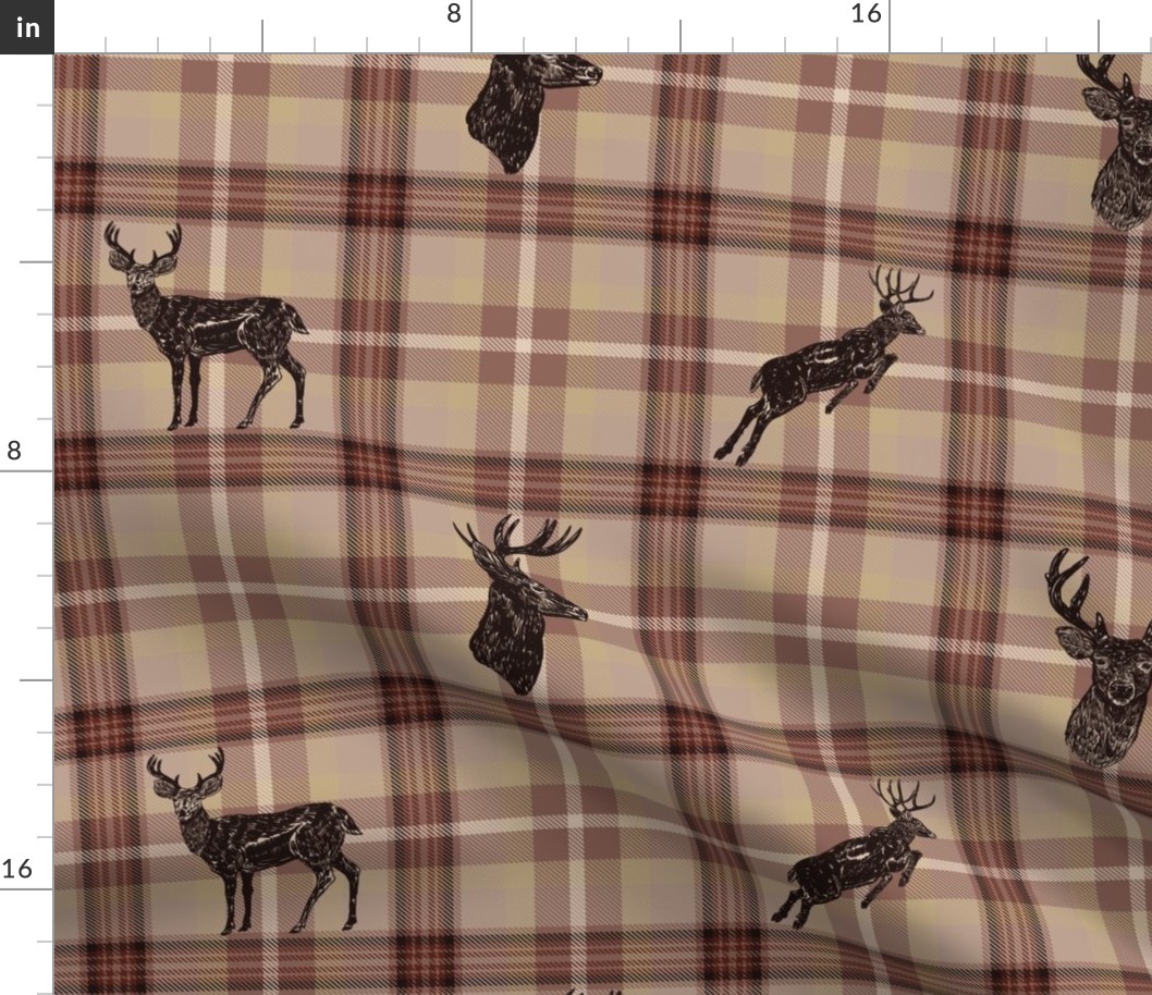 Cabincore Rose Brown Plaid with Deer Small Scale