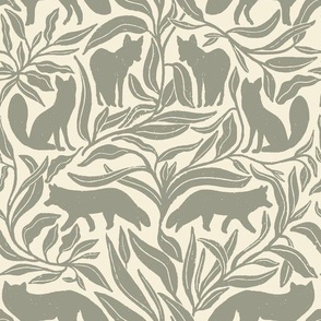 Sage Green Whimsical Foxes Hidden in the Woods on an Off White Background