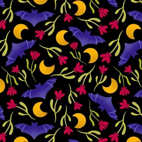 Bats and Flowers in moonlight - black