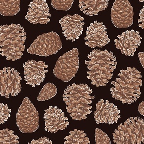 Frosty Pine Cones Dark Brown Background Large Scale