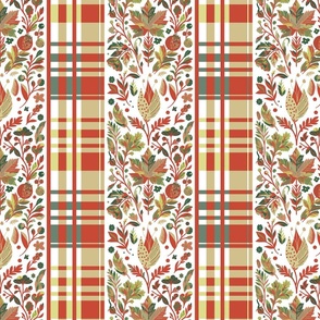 Country Elegance with stripes of plaid and delicate fruits and leaves shades green and red  on white - medium scale