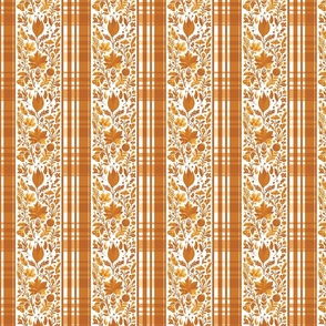 Country Elegance with stripes of plaid and delicate fruits and leaves shades of yellow and orange on white - small scale