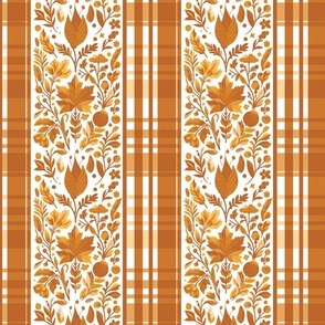 Country Elegance with stripes of plaid and delicate fruits and leaves shades of yellow and orange on white - medium scale