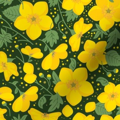 Traditional Buttercups on Dark Green