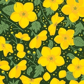 Traditional Buttercups on Dark Green