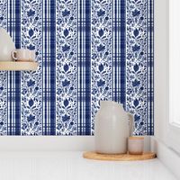 Country Elegance with stripes of plaid and delicate fruits and leaves shades of blue on white - medium scale