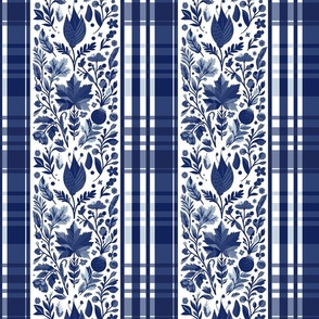 Country Elegance with stripes of plaid and delicate fruits and leaves shades of blue on white - medium scale