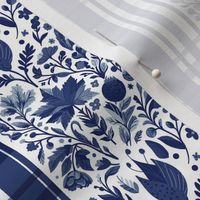 Country Elegance with stripes of plaid and delicate fruits and leaves shades of blue on white - small scale