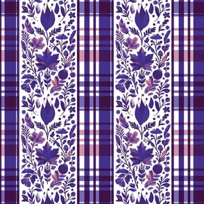 Country Elegance with stripes of plaid and delicate fruits and leaves warm purples and pink on white - medium scale