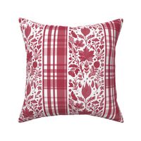 Country Elegance with stripes of plaid and delicate fruits and leaves shades of pink on white - medium scale