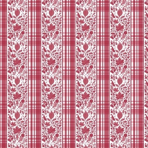 Country Elegance with stripes of plaid and delicate fruits and leaves shades of pink on white - small scale