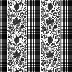 Country Elegance with stripes of plaid and delicate fruits and leaves grey and black on white - medium scale
