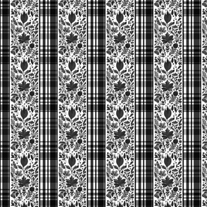 Country Elegance with stripes of plaid and delicate fruits and leaves grey and black on white - small scale