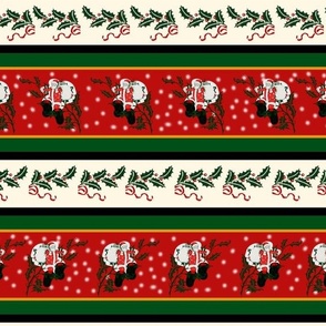 Vintage Retro Holiday Christmas Santa Holly Horizontal Stripes