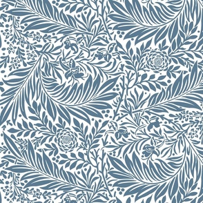 British Vintage William Morris Larkspur Slate Blue Leaves Flowers on White