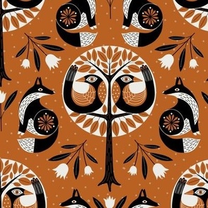 (M) Tree of life - fox and bird forest orange