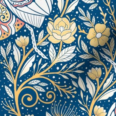  Floral beetle garden with beautiful motifs  - orange, yellow and blue -  home decor - wallpaper - elegant - whimsical . 