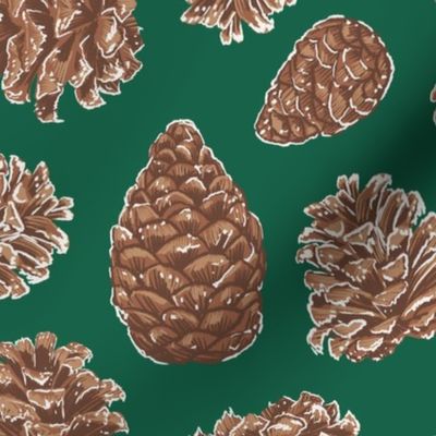 Frosty Pine Cones Green Background Large Scale
