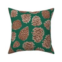 Frosty Pine Cones Green Background Large Scale