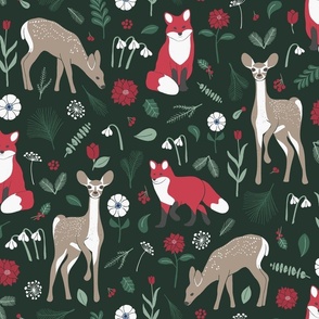 Winter Woodland Foxes and Fawns - Evergreen - Medium